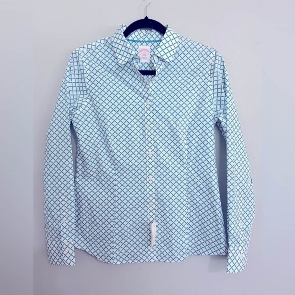 Brooks Brothers Teal & White Geometric Tailored Fit Cotton Blouse Size 6